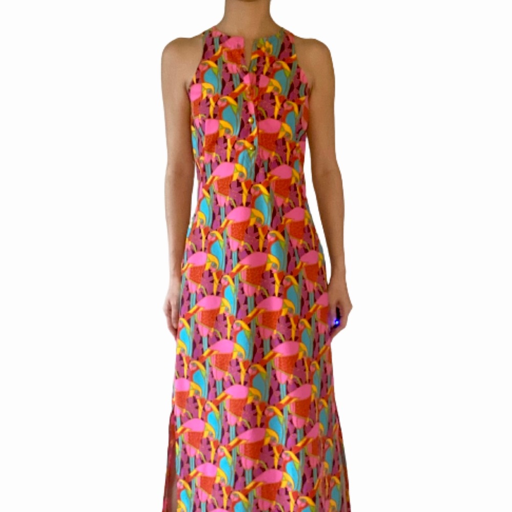 Vintage Sleeveless Parrot Floral Maxi Dress